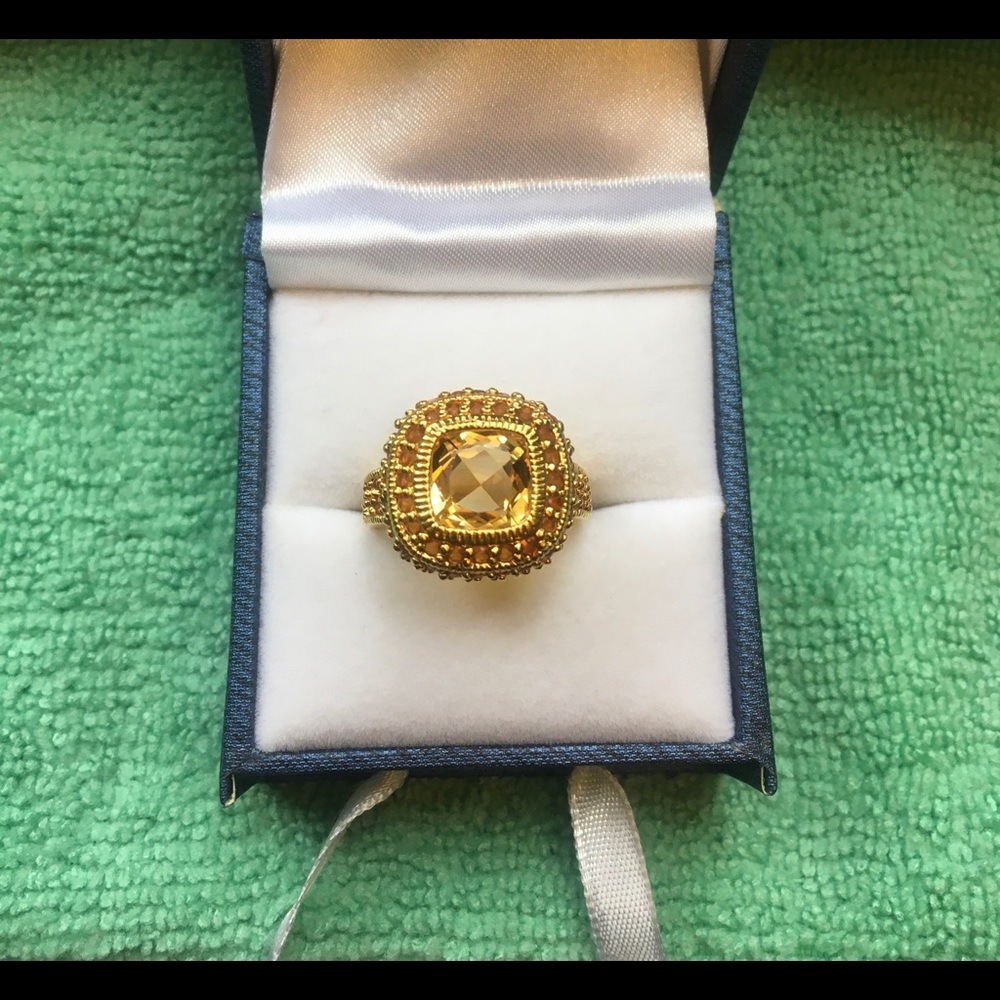 M925 Silver Gold Plated Cushion Yellow Citrine Ring